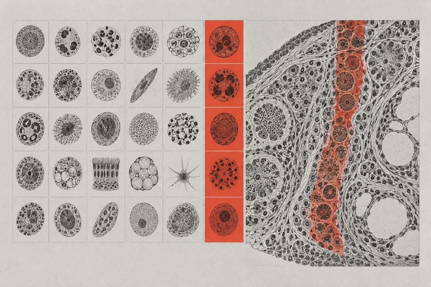 A field of cellular specimens forms a tissue atlas, printed in black with one red accent.