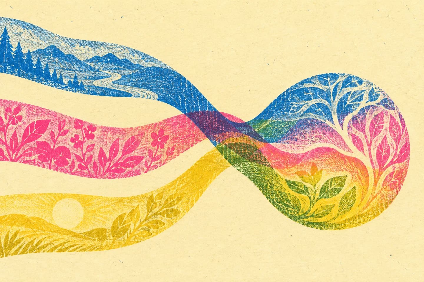 Three separately printed coloured ribbons interweave into one tissue-like form.