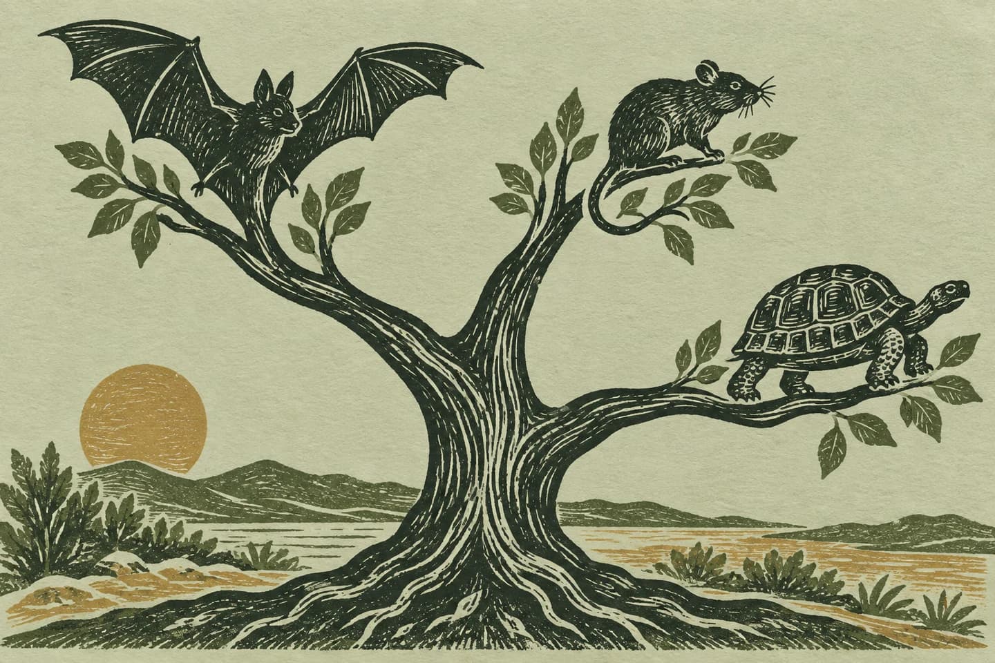A carved branching tree ending in a bat, rodent and tortoise, printed in green and ochre.
