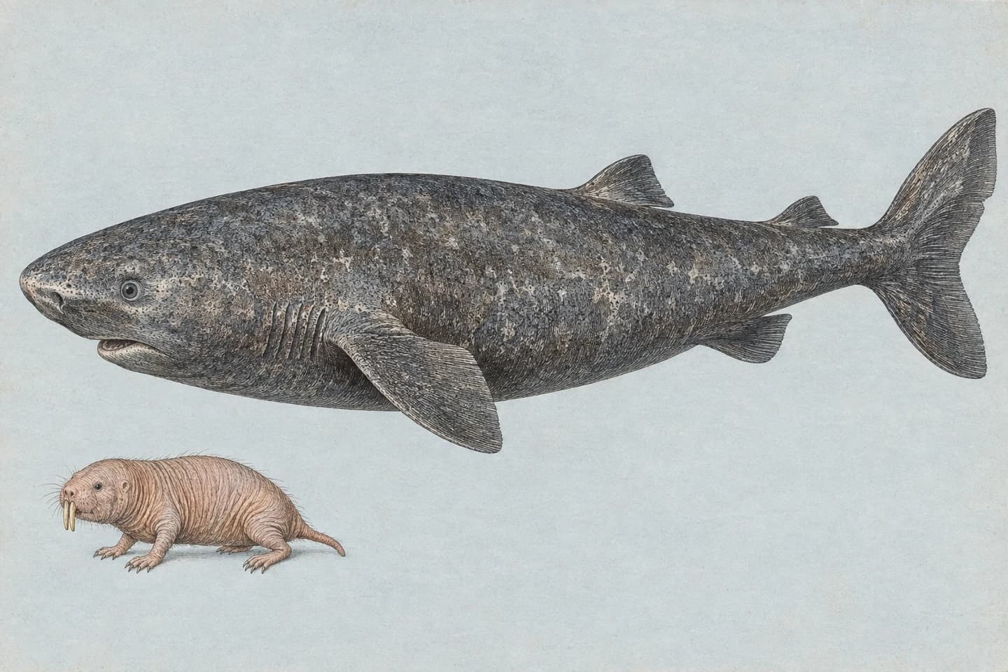 An engraved Greenland shark and a smaller naked mole-rat on pale paper.
