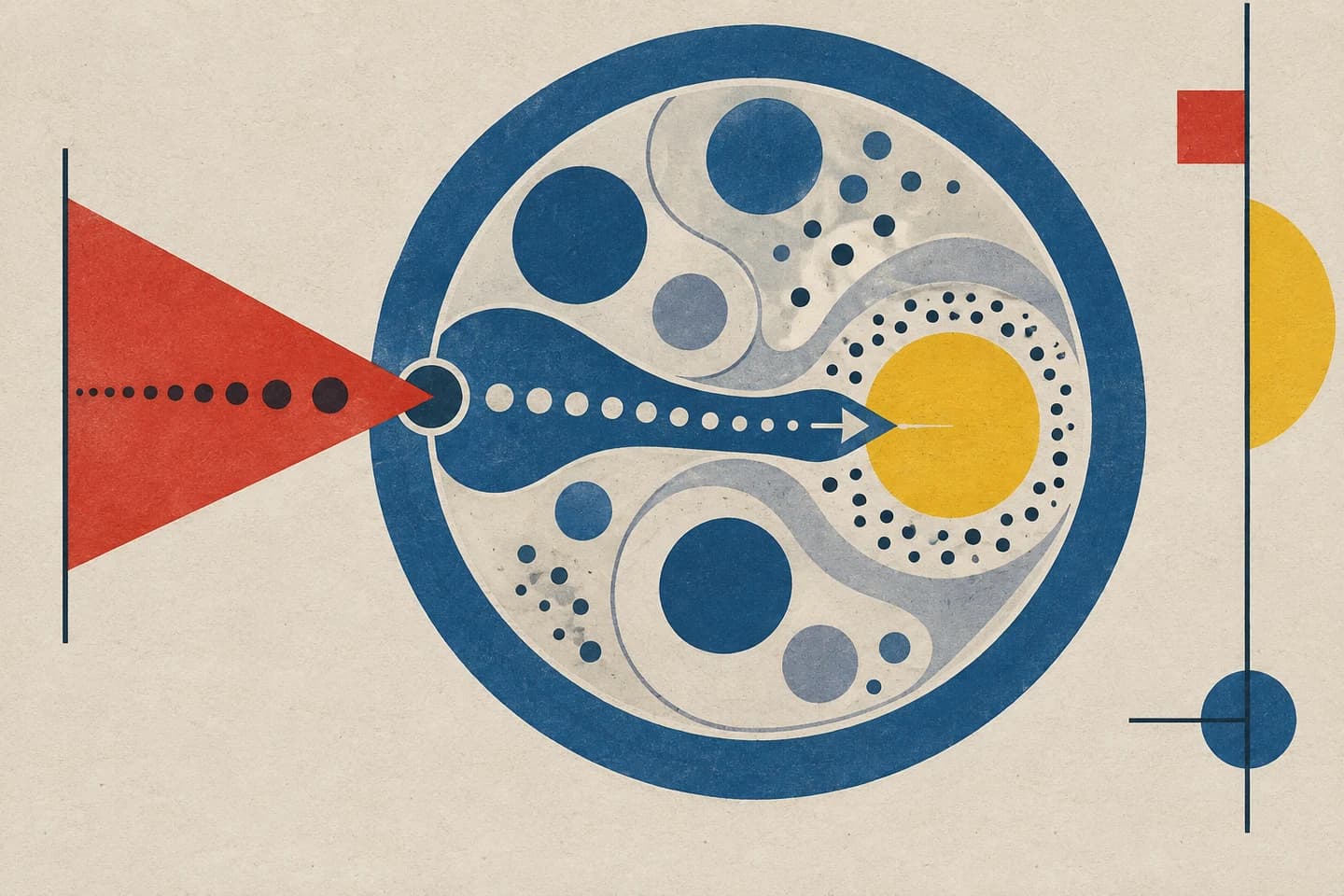Three geometric components form a cellular mechanism with a highlighted point of intervention.