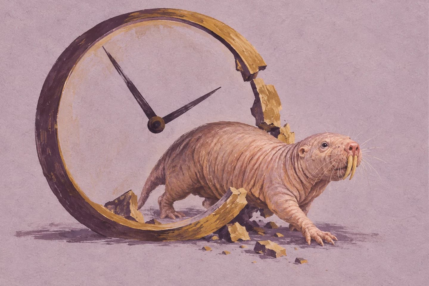 A naked mole-rat passing through an open clock ring, painted in gouache.