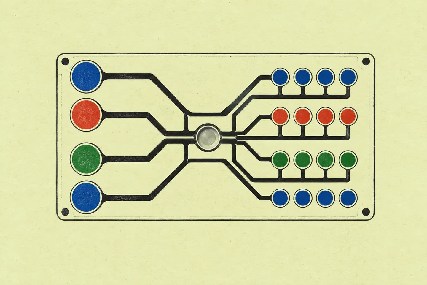 A printed microfluidic chip diagram with branching channels and coloured sample wells.