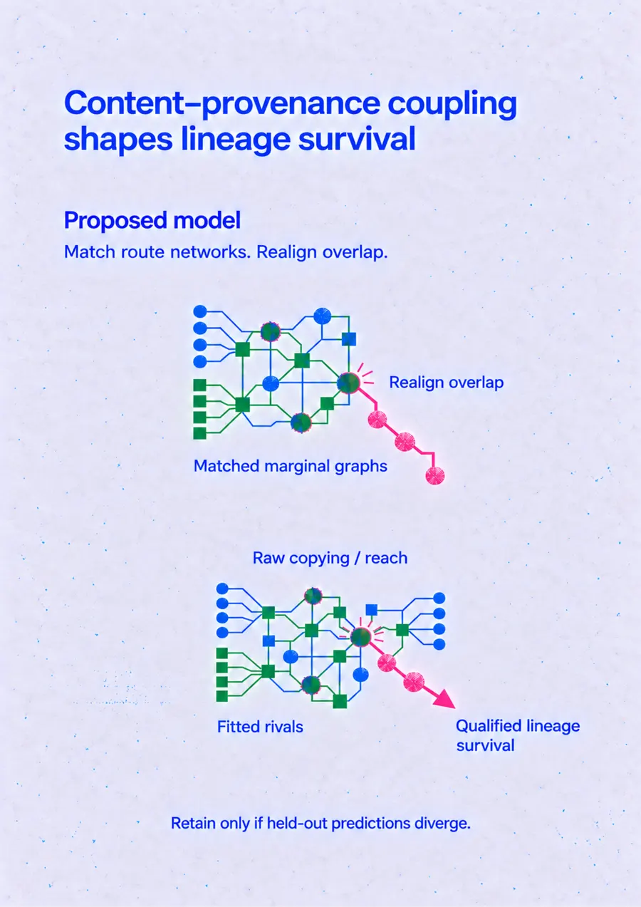 Poster: Content–provenance coupling shapes lineage survival